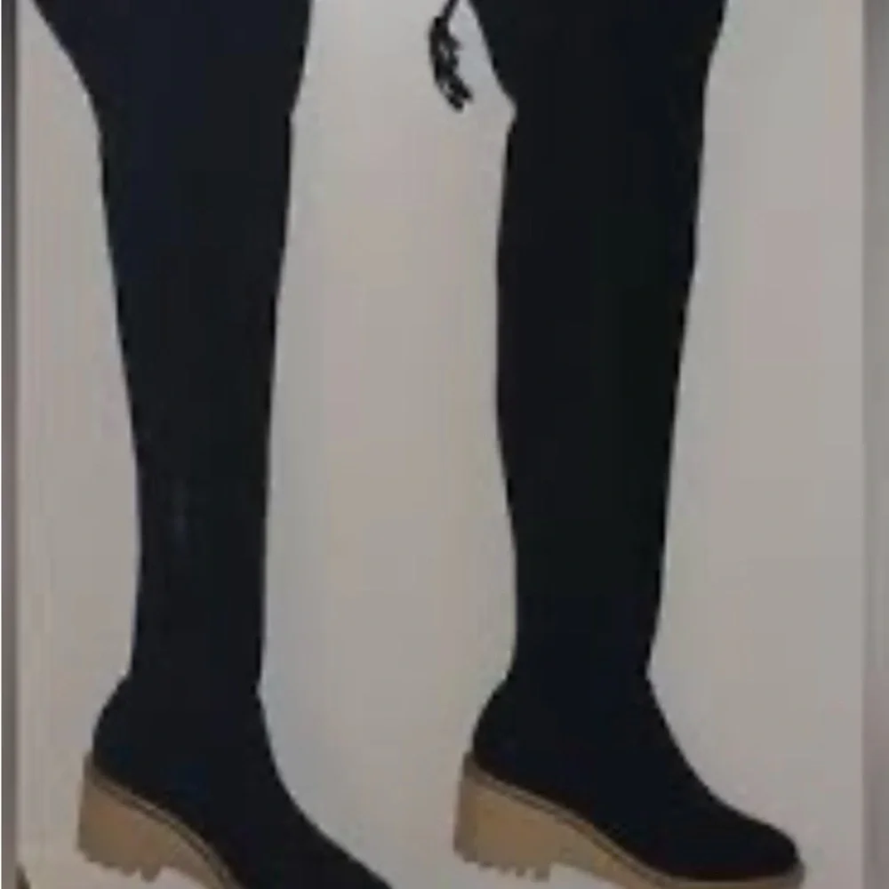 Black Over-the-Knee Wedge Boots with Tan Lug Sole Tie for An Adjustable Top NB
